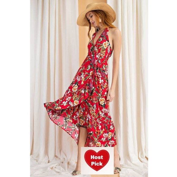 Red Floral Maxi Halter Dress Hi-Lo Open Back Summer Maxi - Ruffle Hem - By Easel - Picture 1 of 9